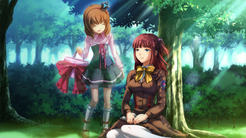 2girls alliance_of_the_golden_witch artist_request bag bangs blue_eyes book bow breasts brown_hair closed_eyes corset cousins crown flat_chest frills game_cg hair_bobbles hair_ornament highres kneehighs long_hair looking_at_another mary_janes medium_breasts mini_crown multiple_girls official_art open_mouth pantyhose redhead school_uniform shirt shoes sitting skirt smile spirit standing sunlight tree two_side_up umineko_no_naku_koro_ni ushiromiya_ange ushiromiya_maria white_legwear