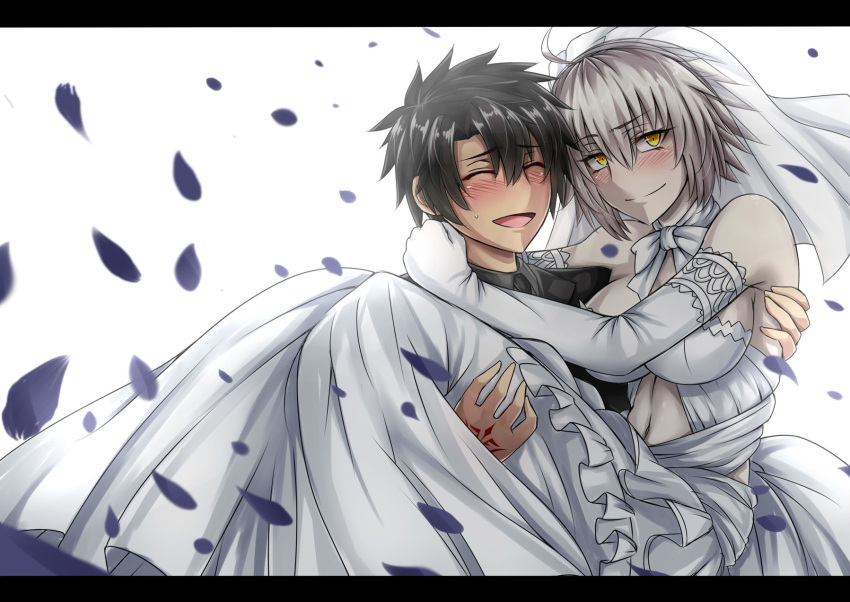 1boy 1girl :d ^_^ ahoge alternate_costume armpits bangs bare_shoulders black_hair blush breasts bridal_veil bride carrying choker closed_eyes closed_mouth command_spell couple dress elbow_gloves fate/grand_order fate_(series) fujimaru_ritsuka_(male) gloves groom hair_between_eyes highres jeanne_alter large_breasts letterboxed looking_at_viewer midriff navel open_mouth pale_skin petals princess_carry ribbon ribbon_choker ruler_(fate/apocrypha) sanmotogoroo short_hair silver_hair smile spiky_hair stomach veil white_dress white_gloves white_ribbon yellow_eyes