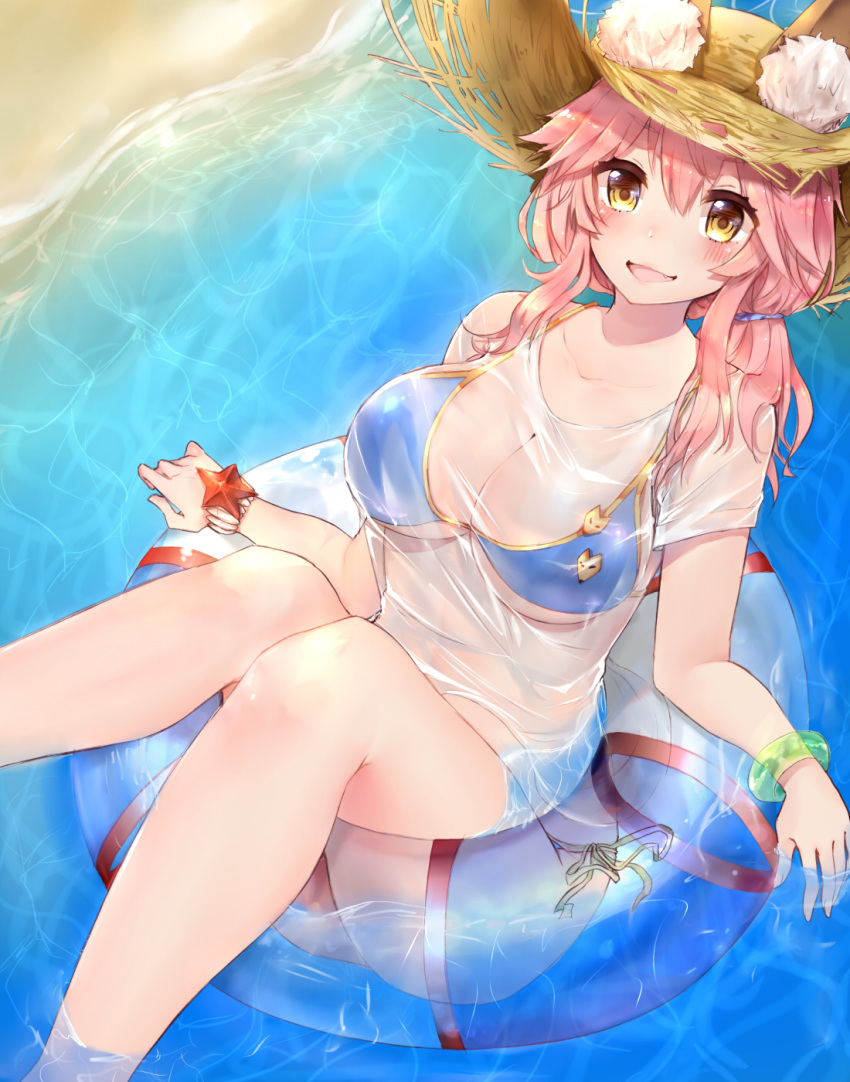 1girl animal_ears bikini blue_bikini blush breasts cleavage collarbone fang fate/grand_order fate_(series) fox_ears hat highres large_breasts long_hair looking_at_viewer looking_up maria_(maria0304) ocean open_mouth partially_submerged pink_hair see-through side-tie_bikini solo swimsuit swimsuit_under_clothes tamamo_(fate)_(all) tamamo_no_mae_(swimsuit_lancer)_(fate) water yellow_eyes