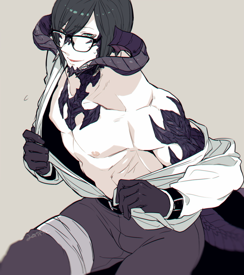 1boy areolae au_ra biceps black_gloves black_hair blue_eyes dated final_fantasy final_fantasy_xiv glasses gloves highres horns looking_at_viewer muscle nipples off_shoulder pale_skin parted_lips pectorals simple_background solo tail undressing