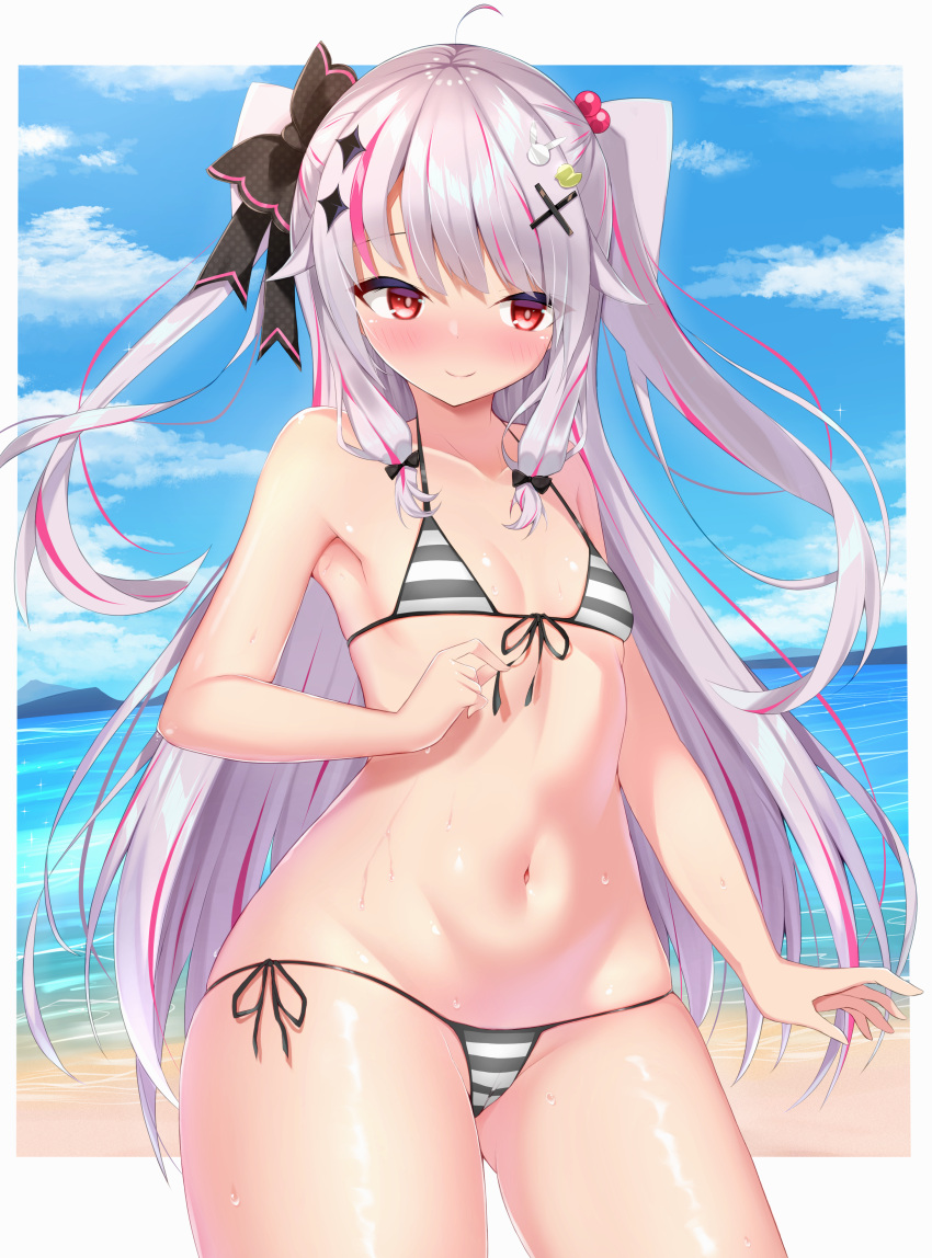 absurdres bangs bare_arms beach bikini blue_sky blush border bow breasts closed_mouth clouds collarbone commentary_request cowboy_shot day growing_naru hair_bobbles hair_bow hair_ornament hair_ribbon hairclip highres long_hair micro_bikini mountainous_horizon multicolored_hair navel nijisanji ocean outdoors pink_hair red_eyes ribbon shiny shiny_skin sidelocks silver_hair sky small_breasts smile standing streaked_hair striped striped_bikini swimsuit thighs two_side_up virtual_youtuber wide_hips x_hair_ornament yorumi_rena