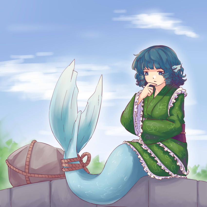 blue_eyes blue_hair clouds drill_hair finger_to_chin fish_tail head_fins highres japanese_clothes looking_down mermaid monster_girl rock rope sitting sky thinking touhou wakasagihime yoruny