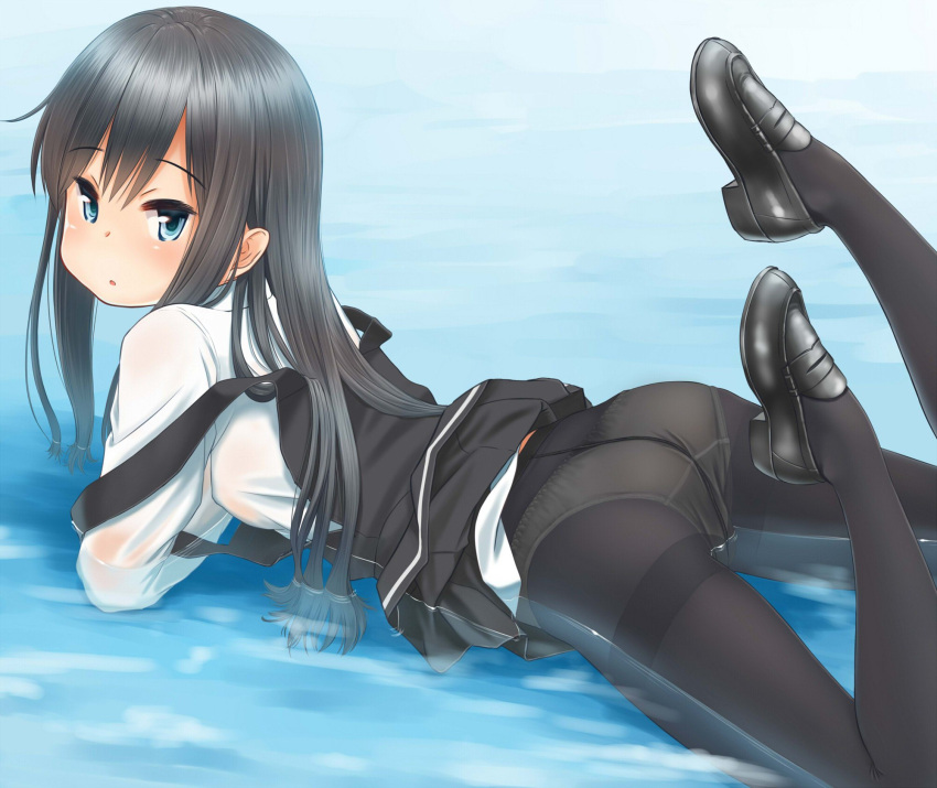 1girl asashio_(kantai_collection) ass black_hair black_legwear blue_eyes commentary highres kantai_collection loafers long_hair looking_at_viewer lying on_stomach panties panties_under_pantyhose pantyhose partially_submerged retsu_maru shoes solo suspenders the_pose thighband_pantyhose underwear