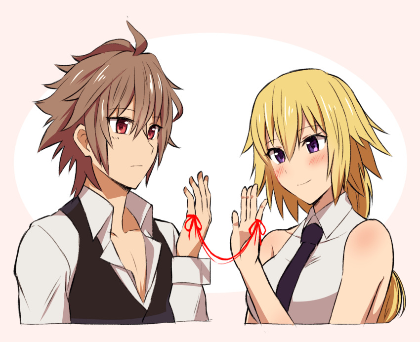 1boy 1girl ahoge bangs blonde_hair blush braid couple eyebrows_visible_through_hair fate/apocrypha fate_(series) from_side hetero jeanne_d'arc_(fate) jeanne_d'arc_(fate)_(all) long_braid long_hair long_sleeves loop necktie nyorotono open_clothes pink_background purple_neckwear red_eyes red_string shirt short_hair sieg_(fate/apocrypha) simple_background single_braid sleeveless sleeveless_shirt string very_long_hair violet_eyes waistcoat white_shirt