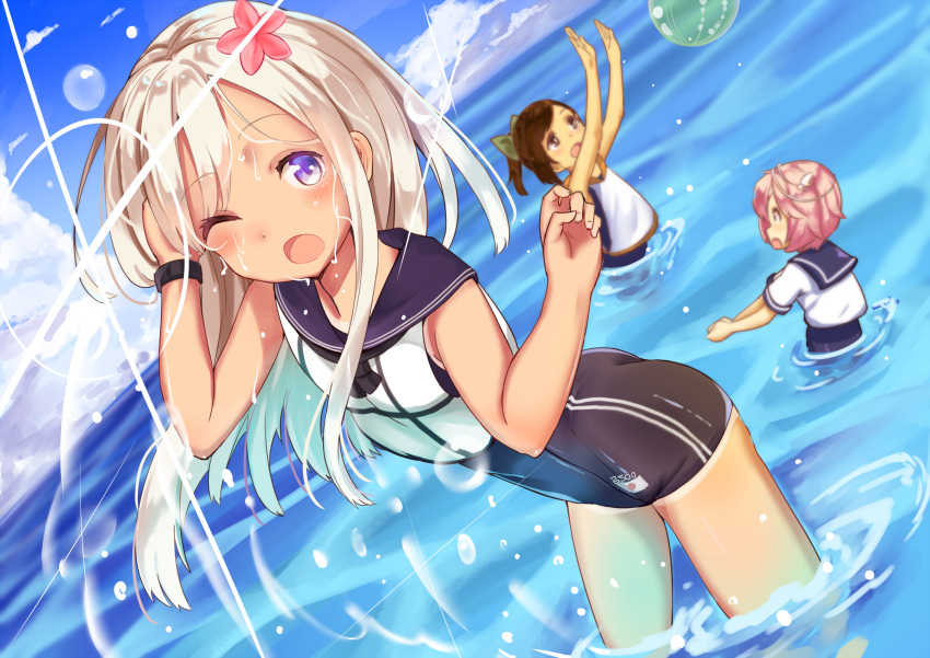 3girls ball beachball blonde_hair blue_eyes blue_sailor_collar brown_hair covered_navel crop_top day dutch_angle flower hair_flower hair_ornament highres i-401_(kantai_collection) i-58_(kantai_collection) kantai_collection long_hair multiple_girls one-piece_tan one_eye_closed outdoors pink_hair ro-500_(kantai_collection) sailor_collar school_swimsuit short_hair swimsuit swimsuit_under_clothes tan tanline wading wankoo-mikami water