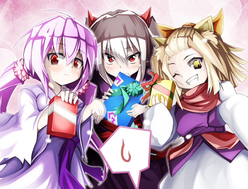 &gt;;) 3girls ahoge blonde_hair box brown_hair character_request commentary copyright_request eyebrows_visible_through_hair fang fang_out frown gift gift_box grin hair_between_eyes highres horns incoming_gift japanese_clothes kimono long_hair looking_at_viewer low_twintails multiple_girls purple_hair red_eyes scarf short_hair smile spirit-edge spoken_sweatdrop sweatdrop teeth twintails valentine wavy_mouth yellow_eyes
