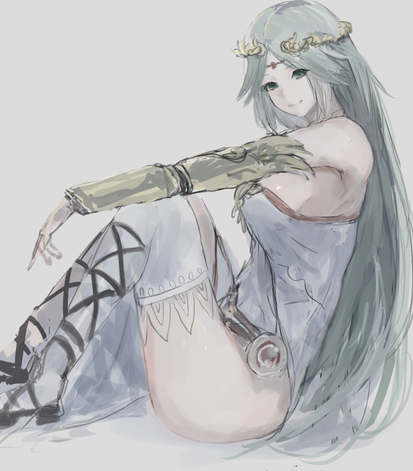1girl bare_shoulders breasts green_eyes green_hair highres jewelry kid_icarus kid_icarus_uprising kumamoto_nomii-kun large_breasts long_hair looking_at_viewer necklace palutena smile solo super_smash_bros. thigh-highs tiara very_long_hair