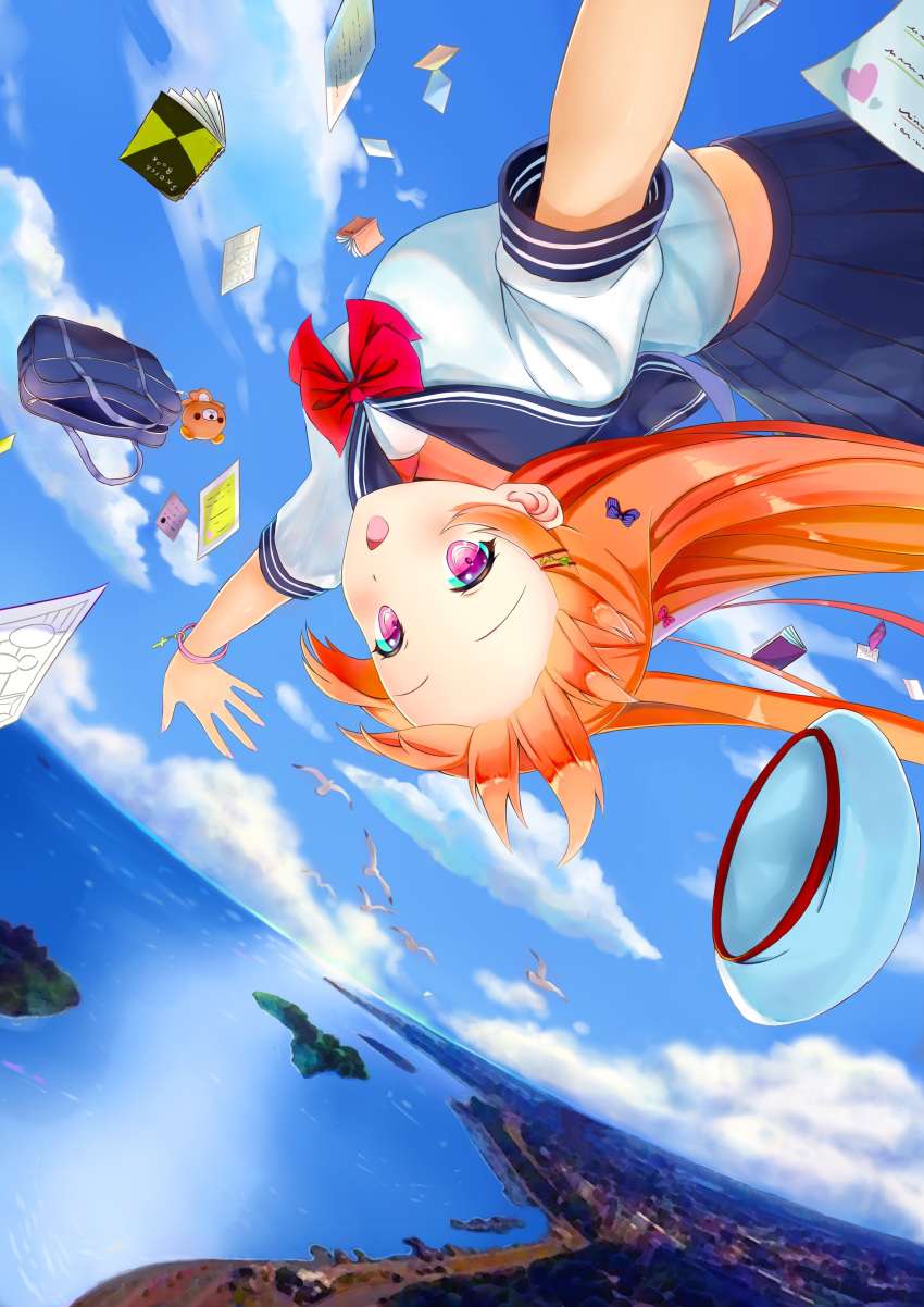 1girl :d absurdres animal bag bird black_skirt blue_sky book bow bowtie city cityscape clouds cloudy_sky commentary day eroge-_(artist) falling floating_hair hair_bow hair_ornament hairclip hat hat_removed headwear_removed heart highres horizon latin_cross long_hair looking_at_viewer ocean open_book open_mouth orange_hair original outdoors outstretched_arms paper pink_eyes pleated_skirt purple_bow red_bow red_neckwear school_bag school_uniform seagull serafuku shiny shiny_hair shore short_sleeves skirt sky smile solo spread_arms striped striped_bow stuffed_animal stuffed_toy teddy_bear white_hat wind wristband