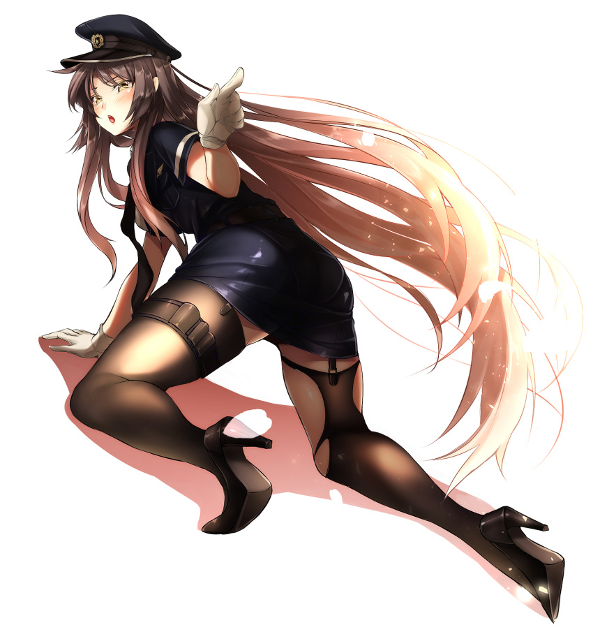 &gt;:o 1girl :o all_fours ass bangs black_hair black_legwear black_shoes blush brown_hair from_behind full_body garter_straps gloves hat high_heels highres long_hair looking_at_viewer looking_back mia_(gute-nacht-07) open_mouth original pantylines peaked_cap petals pointing pointing_at_viewer police police_uniform policewoman shadow shoes short_sleeves solo teeth thigh-highs thighs uniform very_long_hair white_background white_gloves yellow_eyes