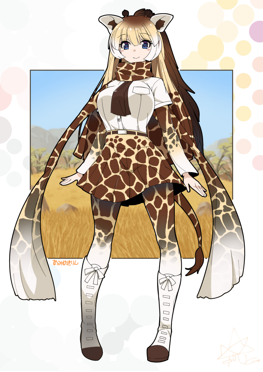 1girl :&gt; belt blonde_hair blue_eyes blush boots breast_pocket breasts brown_hair closed_mouth eyebrows_visible_through_hair full_body giraffe_ears giraffe_horns giraffe_tail hair_between_eyes highres kemono_friends knee_boots large_breasts long_hair long_sleeves multicolored_hair pleated_skirt pocket reticulated_giraffe_(kemono_friends) scarf shirt signature skirt smile solo standing umigarasu_(kitsune1963) very_long_hair white_boots white_hair white_shirt