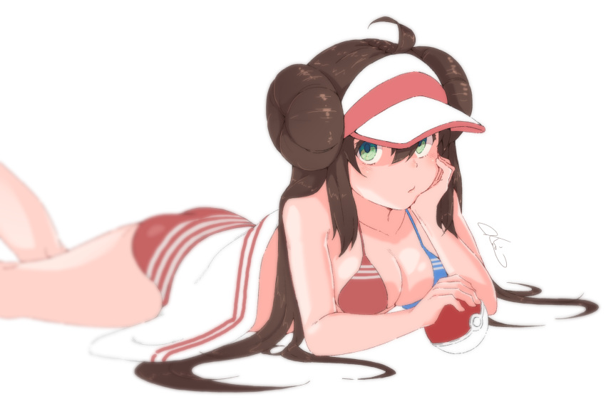 1girl ahoge ass bikini blue_eyes breasts brown_hair chin_rest cleavage double_bun highres long_hair looking_at_viewer lying medium_breasts mei_(pokemon) on_stomach pokemon pokemon_(game) pokemon_bw2 pout red_bikini soft_focus solo swimsuit towel twintails very_long_hair visor_cap xiangxian_(sangheon23)