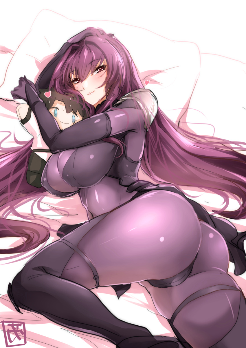 1girl armor artist_name ass blush bodysuit breasts character_doll closed_mouth commentary_request covered_navel eyebrows_visible_through_hair fate/grand_order fate_(series) fujimaru_ritsuka_(male) heart highres large_breasts long_hair looking_at_viewer lying on_side pauldrons pillow purple_bodysuit purple_hair red_eyes scathach_(fate/grand_order) shiny shiny_clothes shoulder_armor slept_(re_mix) smile very_long_hair