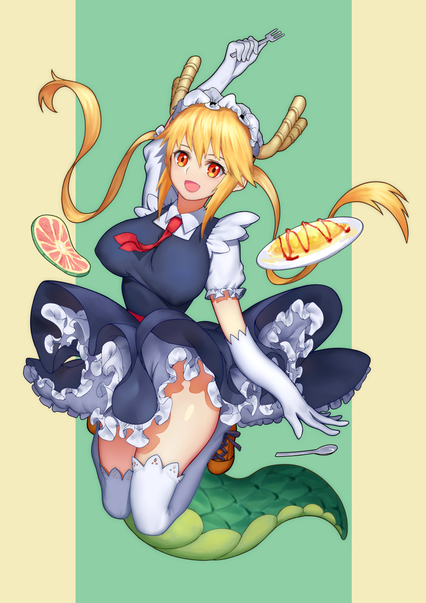 1girl absurdres blonde_hair breasts dragon_girl dragon_horns dragon_tail erect_nipples fang food fork frills full_body gloves highres horns jumping kobayashi-san_chi_no_maidragon large_breasts long_hair looking_at_viewer maid_headdress necktie omurice open_mouth orange_eyes petticoat shc slit_pupils smile solo spoon tail thigh-highs thighs tooru_(maidragon) twintails white_gloves white_legwear