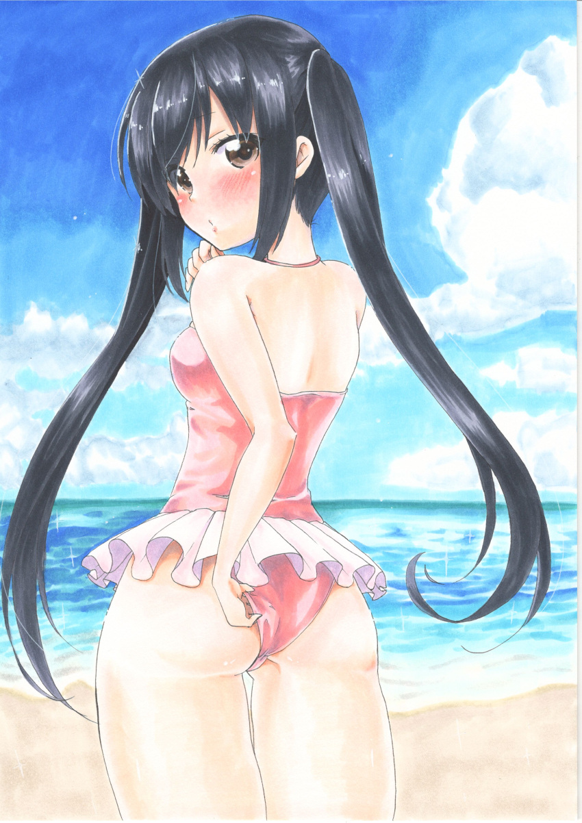 1girl absurdres beach black_hair brown_eyes casual_one-piece_swimsuit day from_behind highres horizon k-on! long_hair looking_at_viewer looking_back marker_(medium) nakano_azusa ocean one-piece_swimsuit outdoors pink_swimsuit solo swimsuit traditional_media twintails yuuki_chima