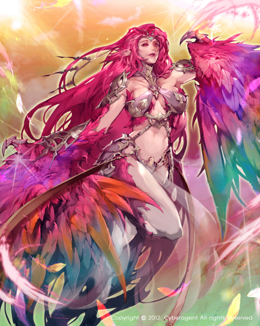 1girl circlet collarbone feathers fufuhol full_body harpy highres long_hair midriff monster_girl navel pink_eyes pink_hair pink_wings solo tenkuu_no_crystalia very_long_hair watermark wings