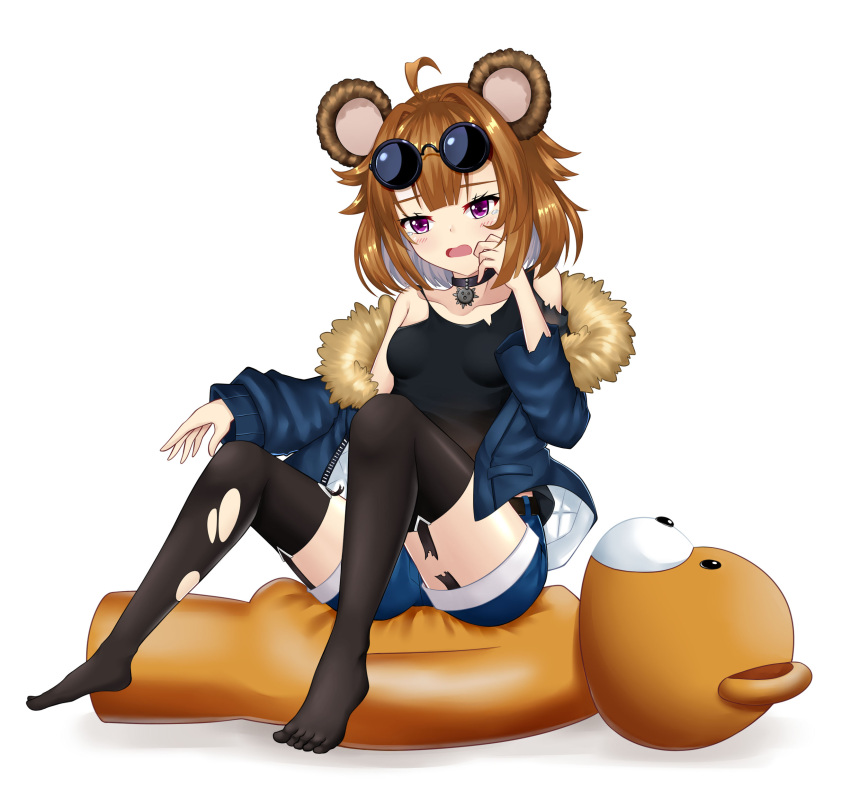absurdres animal_ears breasts brown_hair girls_frontline grizzly_mkv_(girls_frontline) highres jacket open_mouth short_hair small_breasts solo stuffed_animal stuffed_toy sunglasses sunglasses_on_head tears teddy_bear thigh-highs torn_clothes torn_thighhighs violet_eyes younger
