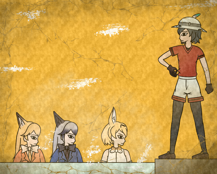 4girls animal_ears bare_shoulders black_bow black_bowtie black_eyes black_gloves black_hair black_legwear black_shirt blazer blonde_hair bow bowtie breast_pocket brown_eyes brown_shoes bucket_hat clenched_hand closed_mouth commentary_request crack egyptian_art elbow_gloves ezo_red_fox_(kemono_friends) fox_ears from_side full_body gloves hat hat_feather highres jacket kaban_(kemono_friends) kemono_friends kita_(7kita) legs_apart long_hair multicolored_hair multiple_girls necktie pantyhose partially_submerged pocket profile red_shirt serval_(kemono_friends) serval_ears serval_print shirt shirt_tug shoes short_hair short_sleeves shorts silver_fox_(kemono_friends) silver_hair sleeveless sleeveless_shirt standing two-tone_hair water white_bow white_bowtie white_shirt white_shorts yellow_background yellow_necktie