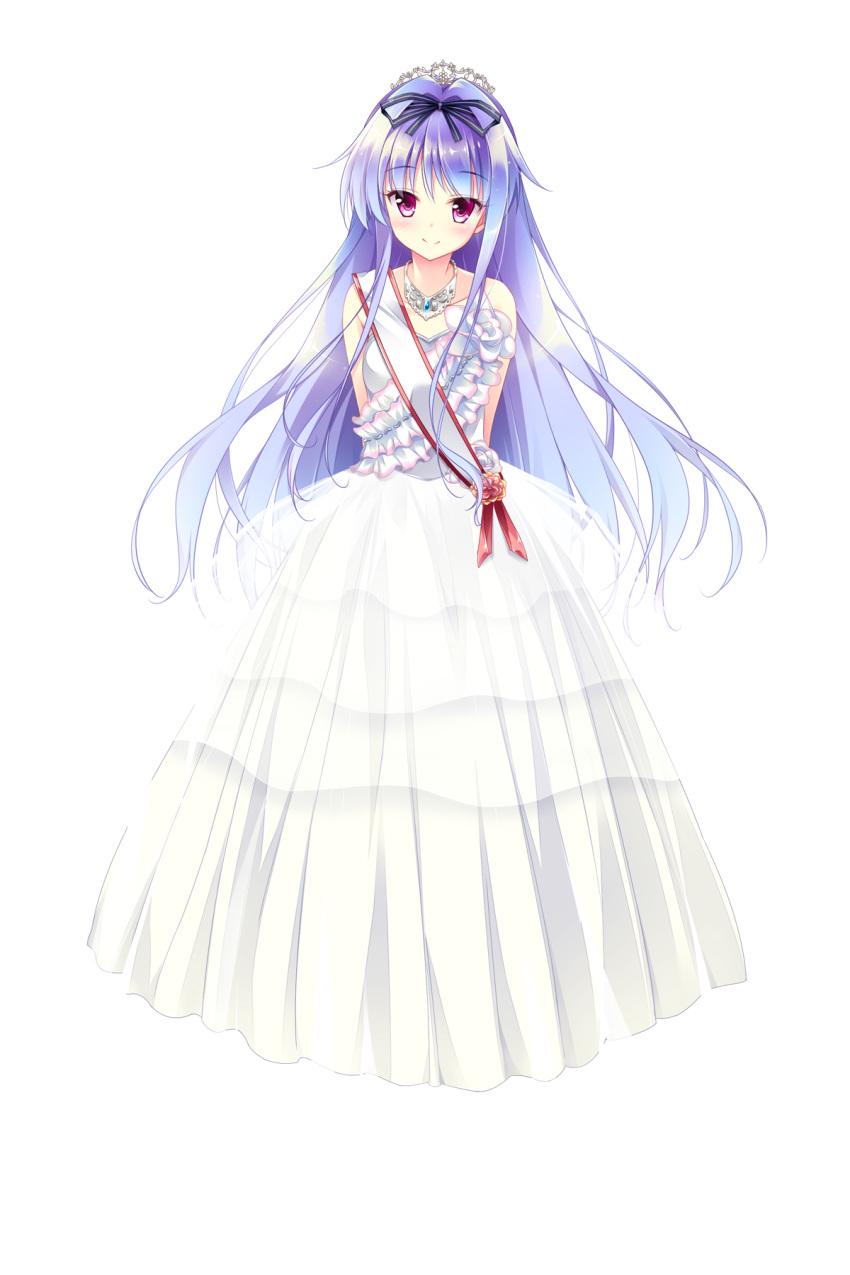 1girl arms_behind_back bangs bare_shoulders bow bowtie collarbone dress eyebrows_visible_through_hair frills full_body golden_marriage hair_bow hayakawa_harui highres jewelry long_hair looking_at_viewer marika_von_wittelsbach official_art smile solo standing tiara transparent_background very_long_hair white_dress