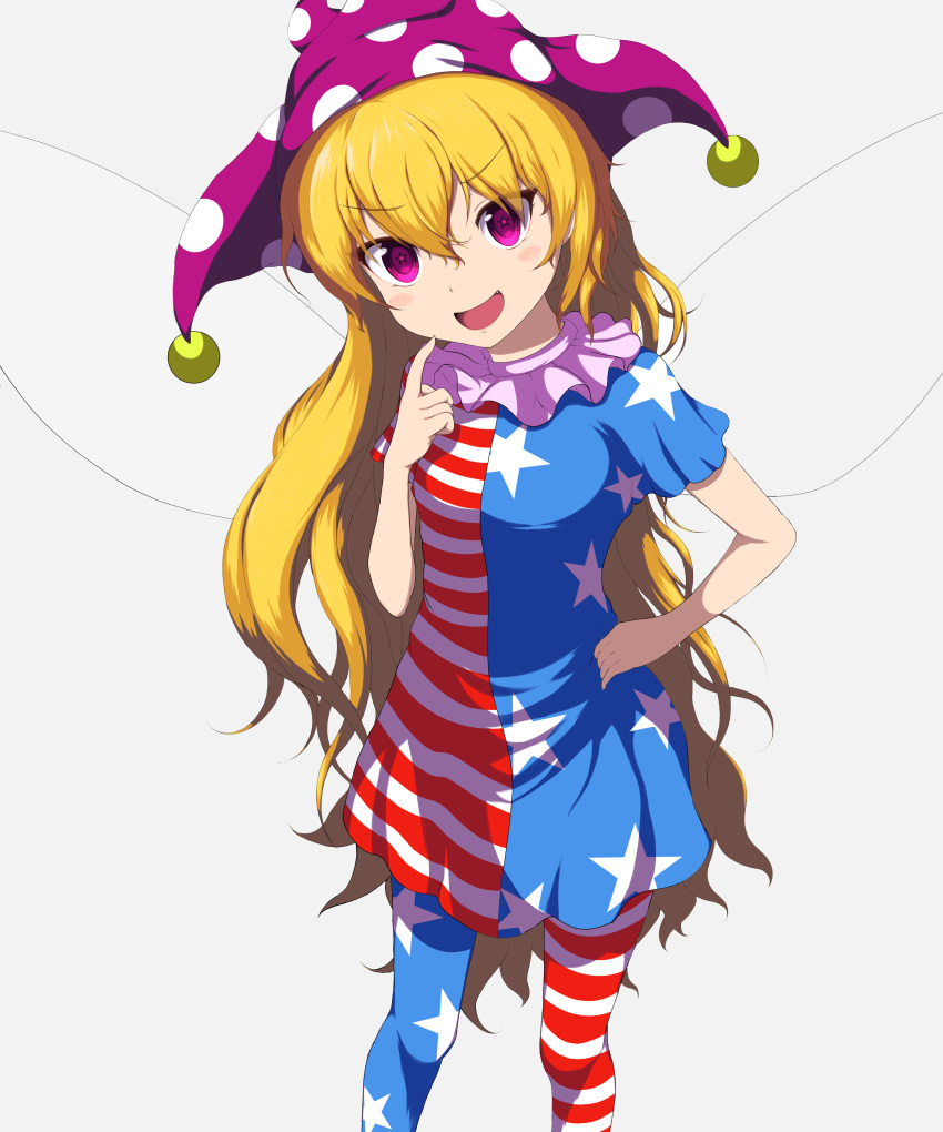 1girl :d absurdres american_flag_dress blonde_hair breasts clownpiece commentary_request fairy_wings feet_out_of_frame finger_to_own_chin from_above grey_background hand_on_hip hat highres jester_cap long_hair neck_ruff open_mouth pantyhose polka_dot shokabatsuki simple_background small_breasts smile solo star_(symbol) star_print touhou v-shaped_eyebrows very_long_hair violet_eyes wings