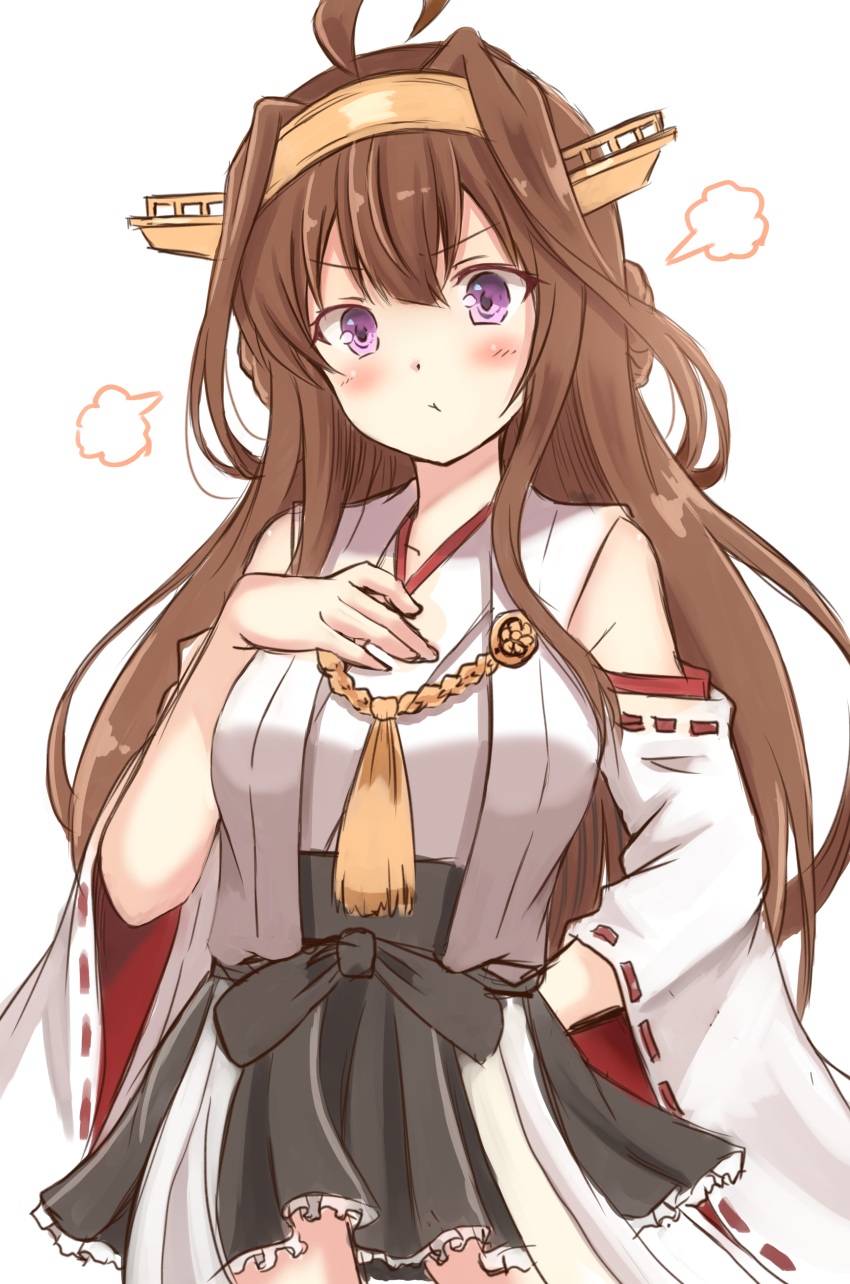 1girl absurdres ahoge bare_shoulders black_skirt brown_hair detached_sleeves double_bun hair_between_eyes hairband headgear highres japanese_clothes kantai_collection kongou_(kantai_collection) long_hair nontraditional_miko pleated_skirt pout ribbon-trimmed_sleeves ribbon_trim shibakame_(917narto8537) simple_background skirt solo violet_eyes white_background wide_sleeves