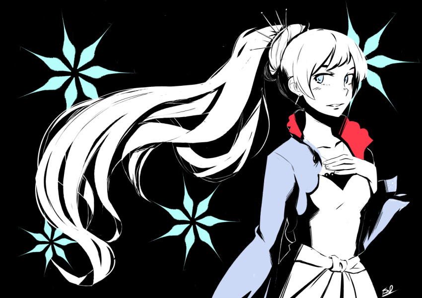 1girl black black_background blue_eyes looking_at_viewer ponytail rwby smile snowflakes solo weiss_schnee white_hair