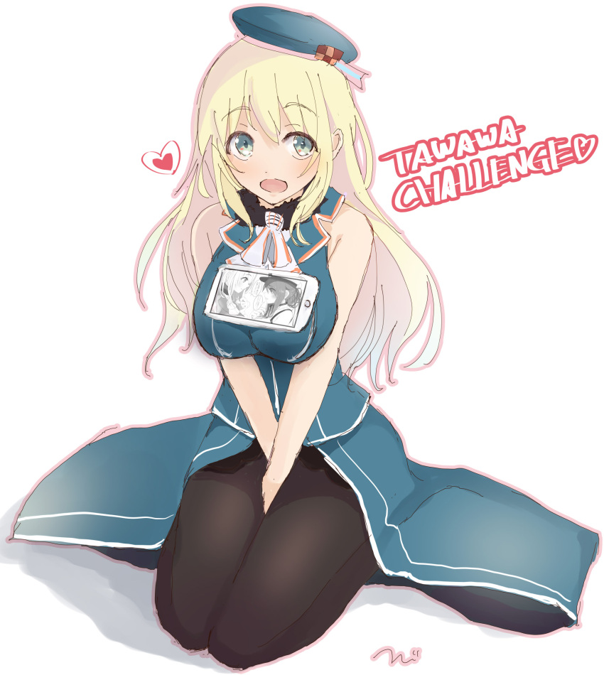 1girl atago_(kantai_collection) bare_shoulders beret between_legs black_legwear blonde_hair blue_eyes breasts commentary_request english eyebrows eyebrows_visible_through_hair full_body hand_between_legs hat heart highres kantai_collection large_breasts long_hair looking_at_viewer object_on_breast open_mouth pantyhose seiza simple_background sitting solo tawawa_challenge tebi_(tbd11) white_background