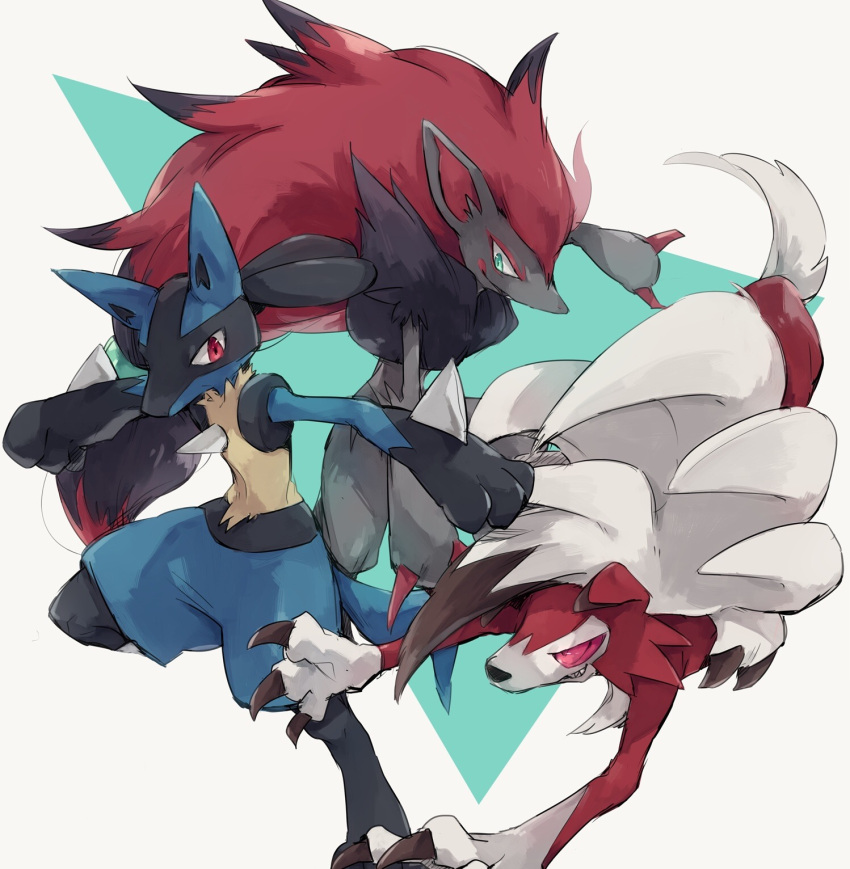 animal_ears claws dog dog_ears dog_tail furry green_eyes grin hair_ornament highres long_hair lucario lycanroc paws pokemon pokemon_(creature) red_eyes redhead simple_background smile tail takase_(takase1214) teeth triangle very_long_hair white_background wolf_ears zoroark