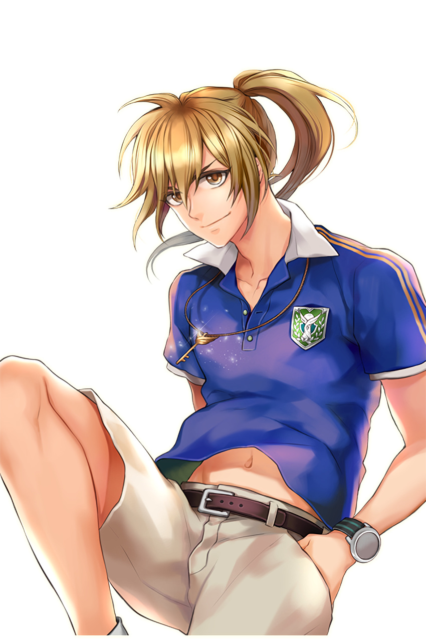 1boy asino belt blonde_hair brown_eyes hands_in_pockets highres jayce_(soccer_spirits) jewelry key long_hair looking_at_viewer male_focus navel necklace official_art polo_shirt ponytail shorts smile soccer_spirits watch watch