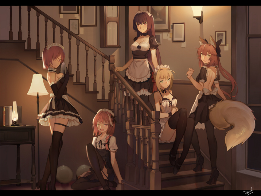 1boy 4girls ;d animal_ears astolfo_(fate) back backless_outfit bare_shoulders bianyuanqishi black_gloves black_legwear breasts cleavage elbow_gloves enmaided fate/apocrypha fate/extra fate/grand_order fate_(series) fox_ears fox_tail garter_straps gloves high_heels long_hair looking_at_viewer maid maid_headdress mash_kyrielight medium_breasts multiple_girls nero_claudius_(fate) nero_claudius_(fate)_(all) one_eye_closed open_mouth pink_hair purple_hair scathach_(fate)_(all) scathach_(fate/grand_order) short_hair sideboob sitting smile stairs standing tail tamamo_(fate)_(all) tamamo_no_mae_(fate) thigh-highs trap