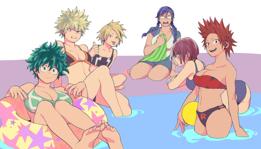 6+girls ass bakugou_katsuki bikini black_hair blonde_hair blue_eyes boku_no_hero_academia braid breasts cleavage clenched_teeth female genderswap genderswap_(mtf) glasses green_eyes green_hair iida_tenya innertube kaminari_denki kirishima_eijirou large_breasts midoriya_izuku multiple_girls nail_polish one-piece_swimsuit opaque_glasses pool red_eyes redhead sharp_teeth short_hair smile swimsuit teeth todoroki_shouto tongue tongue_out twin_braids wading zhangmingxigege