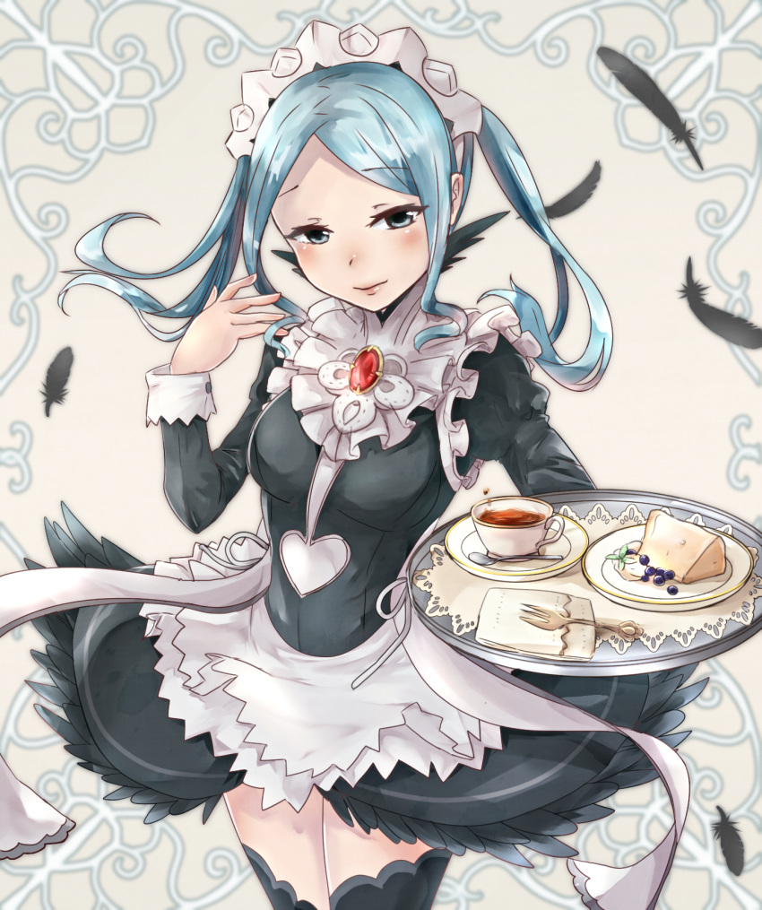 1girl apron blue_eyes blue_hair blush cake cup feathers fire_emblem fire_emblem_if flora_(fire_emblem_if) food haru_(nakajou-28) highres long_hair maid_apron maid_headdress solo teacup thigh-highs twintails upper_body
