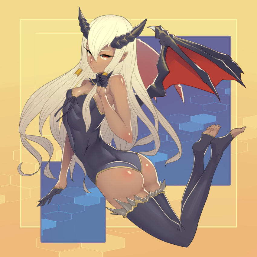 1girl arched_back ass barefoot black_gloves black_legwear blonde_hair breasts commentary_request copyright_request dark_skin demon_girl demon_wings detached_collar feet full_body gloves hair_between_eyes horns kazto_furuya leotard long_hair looking_at_viewer no_shoes orange_eyes pointy_ears shiny shiny_skin small_breasts soles solo thigh-highs toeless_legwear toes wings