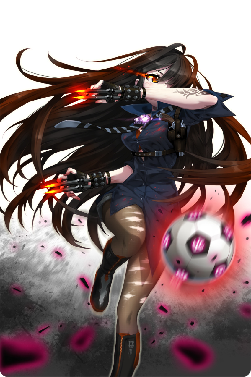 1girl ball belt black_boots boots brown_hair comiccho crovia_(soccer_spirits) fingerless_gloves gloves gun highres holster long_hair looking_to_the_side necktie official_art pantyhose red_eyes skull soccer_ball soccer_spirits solo standing standing_on_one_leg striped striped_necktie studded_bracelet tattoo torn_clothes torn_pantyhose very_long_hair weapon