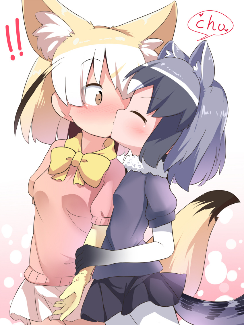 !! 2girls animal_ears arm_grab black_skirt blonde_hair blush bow bowtie brown_eyes closed_eyes commentary common_raccoon_(kemono_friends) elbow_gloves eyes_visible_through_hair fennec_(kemono_friends) fox_ears fox_tail gloves grey_hair grey_shirt highres kemono_friends kiss makuran multicolored_hair multiple_girls pantyhose pink_shirt raccoon_ears raccoon_tail shirt short_hair skirt tail white_hair white_legwear white_skirt yellow_bow yuri