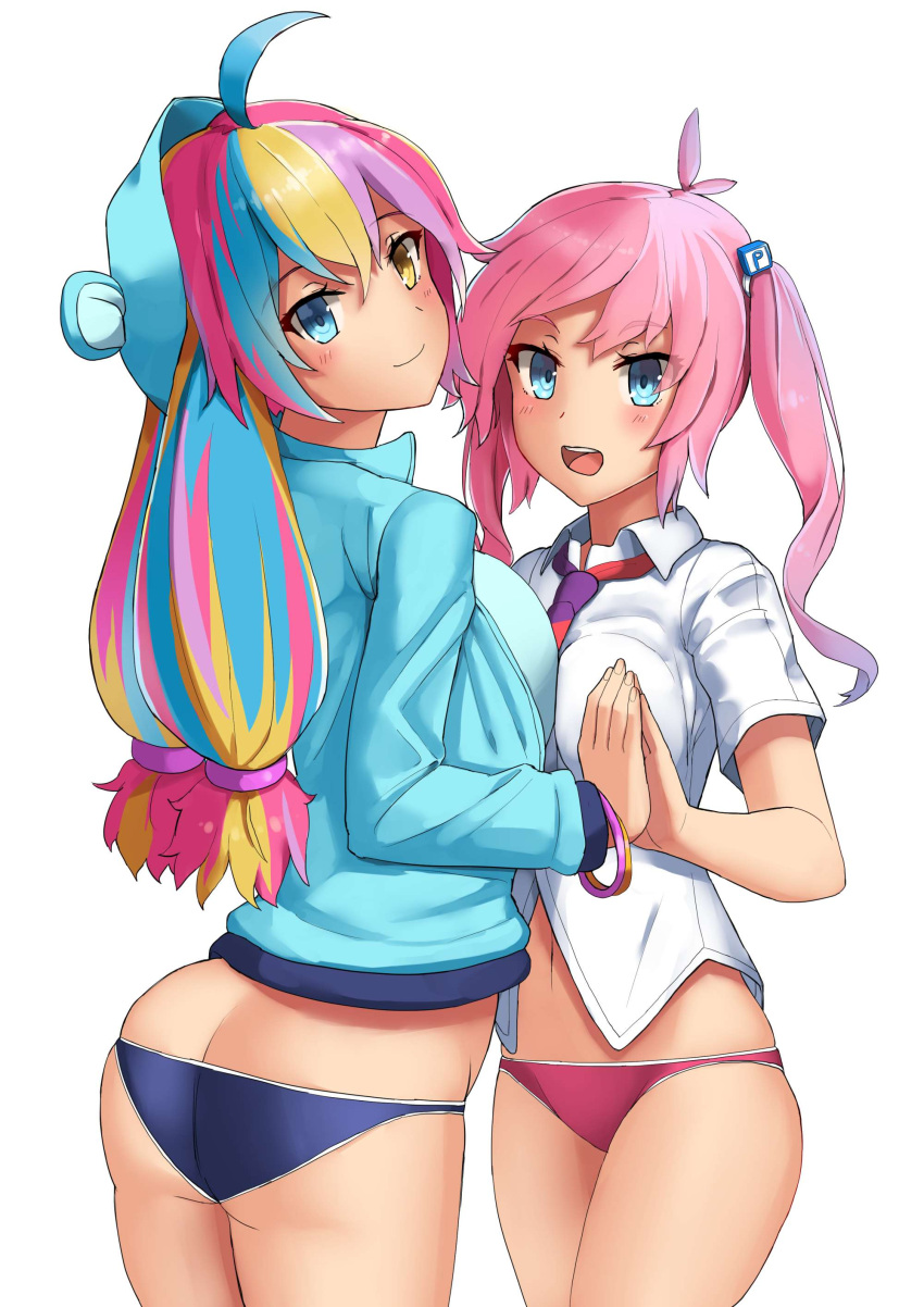 2girls absurdres ahoge aqua_hair ass asymmetrical_docking blonde_hair blouse blue_panties breast_press breasts butt_crack cowboy_shot from_behind hair_between_eyes hands_clasped height_difference heterochromia highres jacket large_breasts long_hair looking_at_viewer medium_breasts multicolored_hair multiple_girls open_mouth panties picarto.tv pink_hair pink_panties soil_chopsticks thighs track_jacket twintails underwear very_long_hair wavy_hair white_blouse