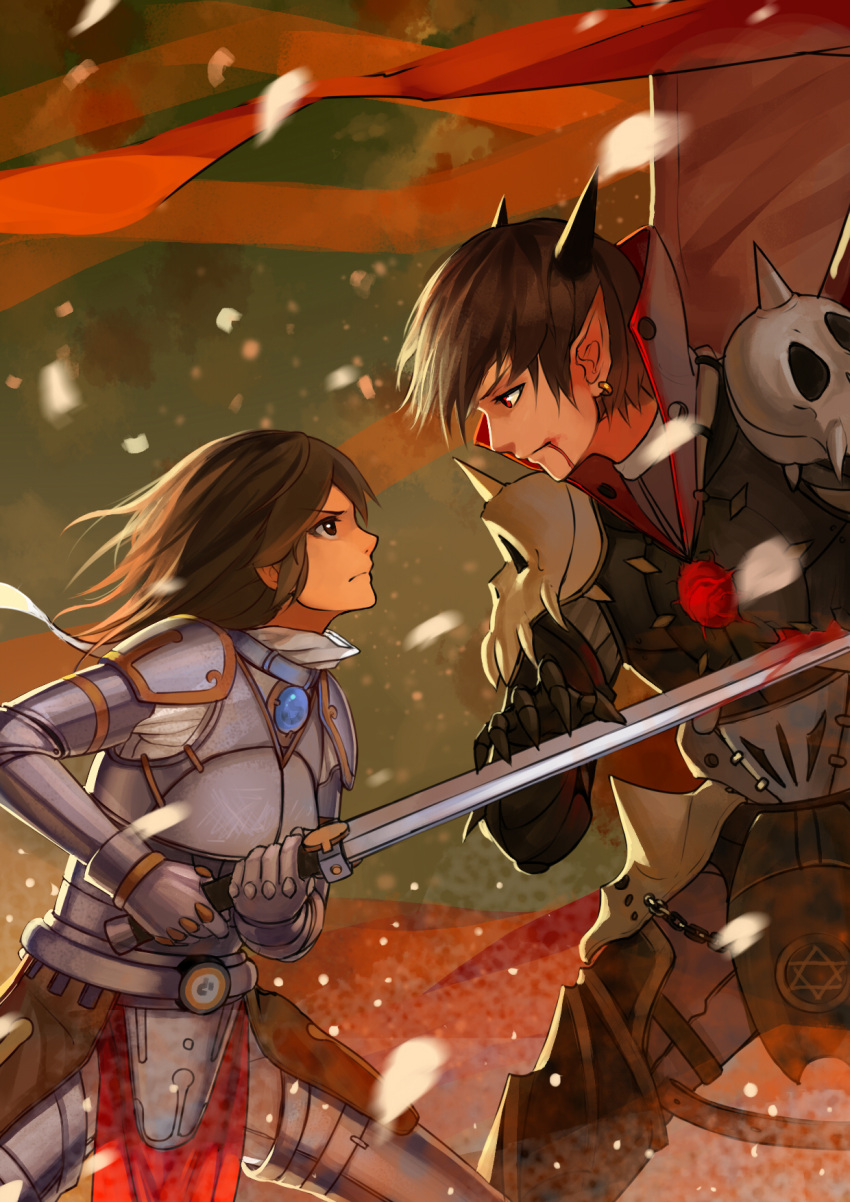 1boy 1girl armor bad_id bad_pixiv_id blood blood_from_mouth brown_eyes brown_hair character_request copyright_request earrings eyebrows_visible_through_hair highres holding holding_sword holding_weapon horns jewelry long_hair looking_at_another lu_ying pointy_ears red_eyes short_hair skull spikes sword weapon