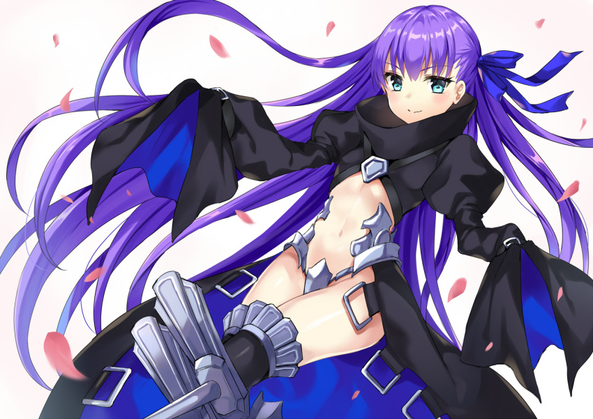 1girl armor armored_boots bangs beige_background black_coat black_legwear blue_eyes blush boots closed_mouth crotch_plate eyebrows_visible_through_hair fate/extra fate/extra_ccc fate_(series) floating_hair hands_in_sleeves harimoji juliet_sleeves long_hair long_sleeves looking_at_viewer meltlilith navel petals puffy_sleeves purple_hair revealing_clothes simple_background smile solo thigh-highs thighs very_long_hair