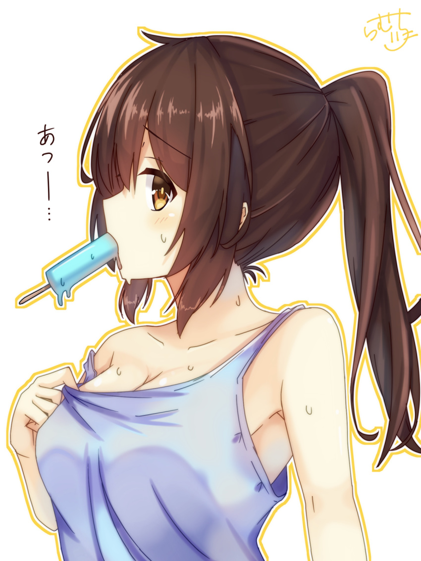 1girl armpits bare_shoulders blush breasts brown_eyes brown_hair cleavage collarbone food food_in_mouth from_side highres large_breasts long_hair looking_at_viewer looking_to_the_side mouth_hold original ponytail popsicle profile ramchi solo strap_slip sweat tank_top upper_body