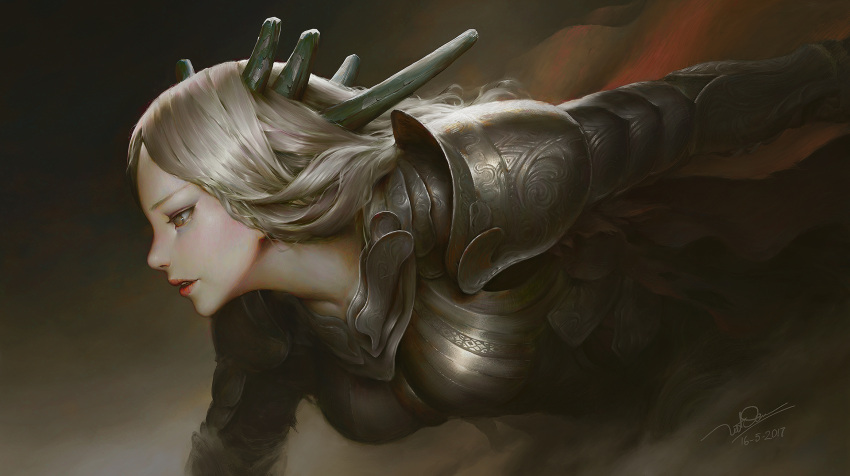 1girl armor breasts brown_eyes commentary dao_trong_le dated from_side highres large_breasts leaning_forward long_hair no_pupils nose open_mouth original parted_lips profile red_lips shiny shiny_hair signature silver_hair solo