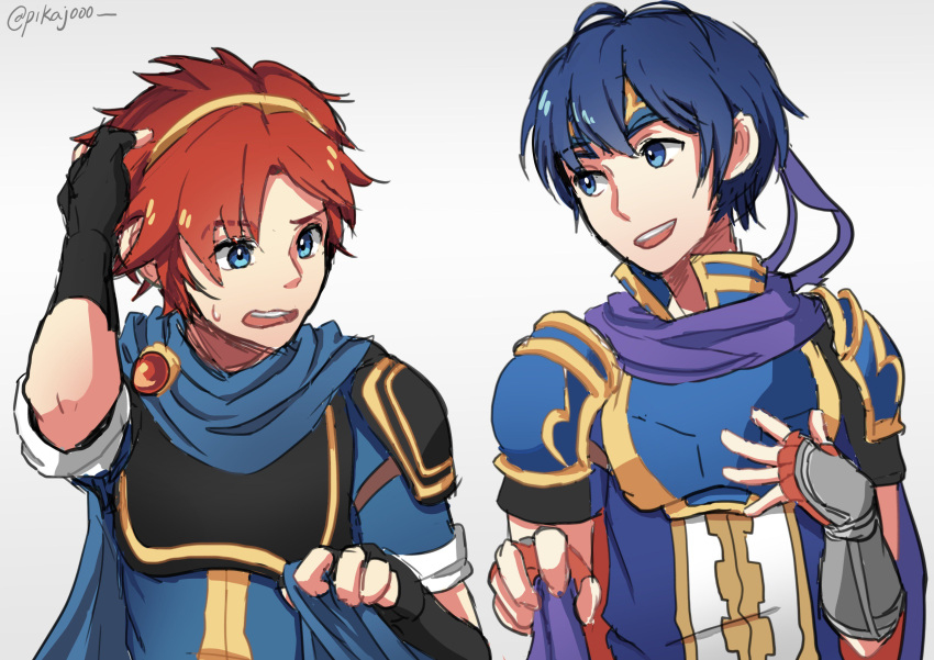 2boys absurdres armor blue_eyes blue_hair blush cape cosplay costume_switch fire_emblem fire_emblem:_fuuin_no_tsurugi fire_emblem:_mystery_of_the_emblem gloves headband highres male_focus marth marth_(cosplay) multiple_boys open_mouth redhead roy roy_(cosplay) roy_(fire_emblem) short_hair smile super_smash_bros.