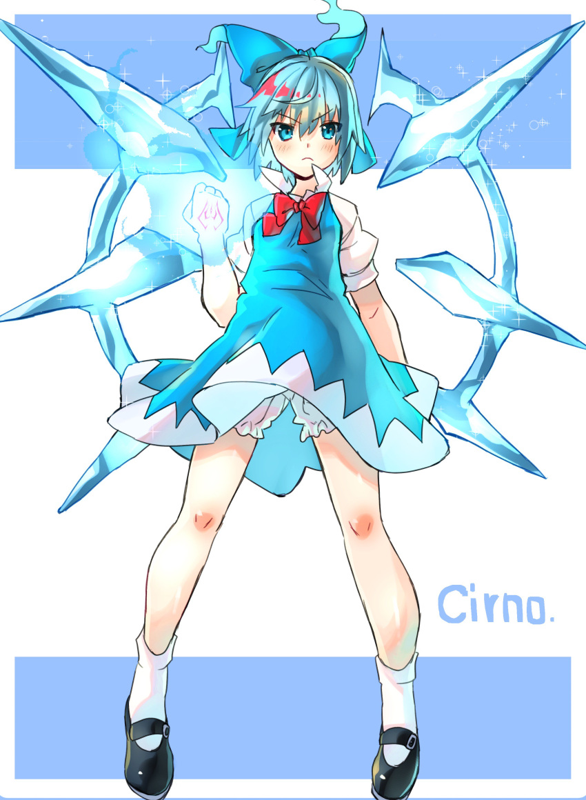 1girl absurdres arm_at_side bangs black_shoes bloomers blue_background blue_dress blue_eyes blue_fire blue_hair blush bow character_name cirno clenched_hand dress dress_lift energy fire full_body glowing glowing_hand hair_between_eyes hair_bow highres ice ice_wings kneesocks_senritsu legs looking_at_viewer powering_up puffy_short_sleeves puffy_sleeves serious shiny shiny_hair shoes short_dress short_sleeves sleeveless sleeveless_dress solo sparkle symbol touhou two-tone_background underwear white_background white_legwear wings