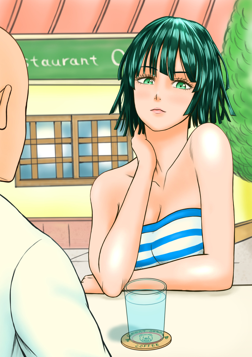 1boy 1girl absurdres arm arm_rest bald bare_arms bare_shoulders black_hair breasts cleavage closed_mouth collarbone cup dan_tetsuo drink fubuki_(one-punch_man) green_eyes hand_on_neck hand_on_own_neck highres large_breasts lips looking_at_viewer neck one-punch_man outdoors restaurant saitama_(one-punch_man) serious shiny shiny_hair short_hair solo_focus strapless striped striped_tubetop table tubetop upper_body water