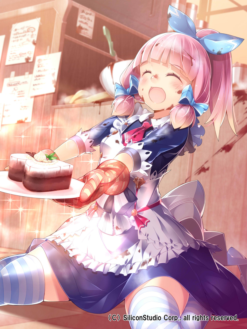 1girl absurdres apron closed_eyes gyakushuu_no_fantasica heart highres kneeling kokka_han messy messy_room open_mouth oven_mitts pink_hair short_hair sitting solo striped striped_legwear thigh-highs wariza
