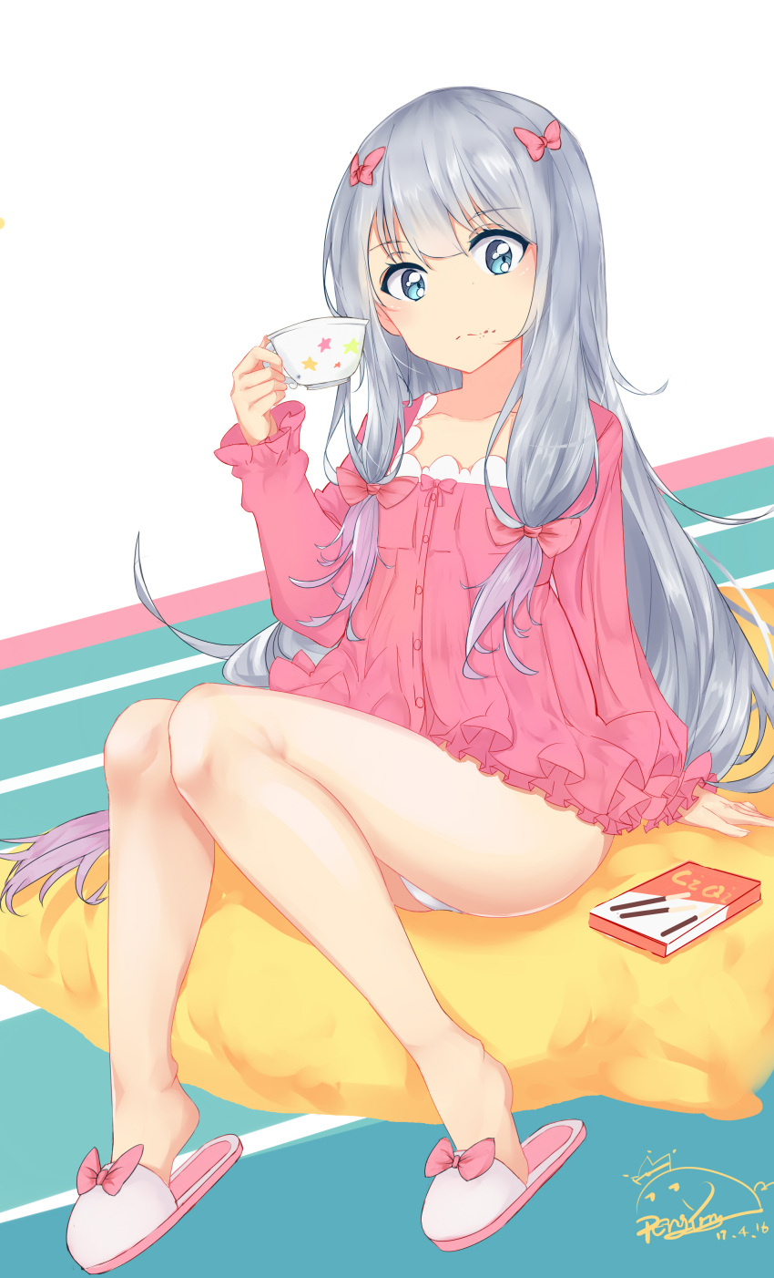 /\/\/\ 1girl 2017 absurdres arm_at_side bangs blue_eyes bow buttons closed_mouth collarbone cup dated drawing_tablet eromanga_sensei eyebrows_visible_through_hair food food_on_face frilled_sleeves frills full_body gradient gradient_hair hair_bow highres holding holding_cup izumi_sagiri knees_together_feet_apart knees_up legs long_hair long_sleeves looking_at_viewer low-tied_long_hair multicolored_hair pajamas panties pantyshot peng_yong pillow pink_bow pocky purple_hair sidelocks signature silver_hair sitting sitting_on_pillow slippers solo teacup underwear very_long_hair white_panties