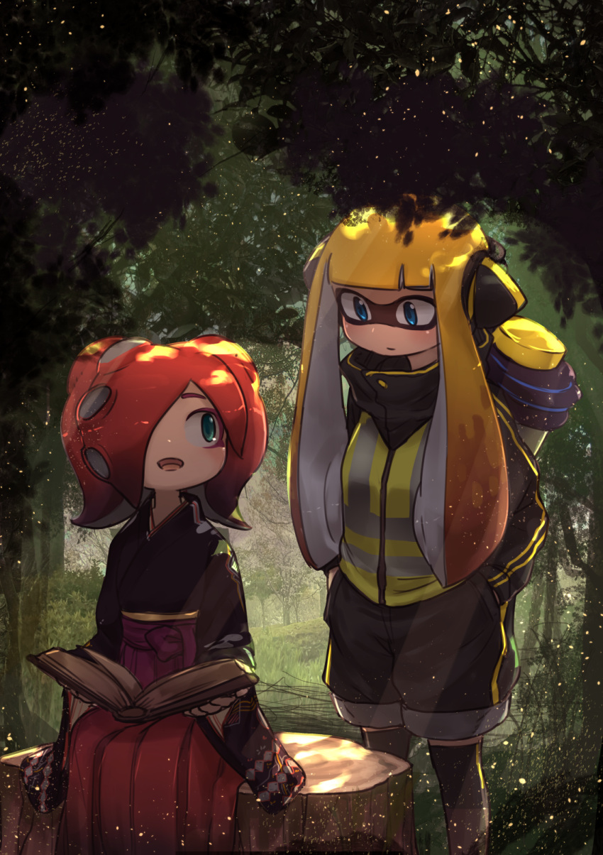2girls :d bangs black_jacket black_kimono black_legwear black_shorts blue_eyes blunt_bangs book closed_mouth dappled_sunlight day domino_mask forest grass green_eyes hair_over_one_eye hakama hands_in_pockets headset high-visibility_vest high_collar highres holding holding_book ink_tank_(splatoon) inkling jacket japanese_clothes kashu_(hizake) kimono light_particles long_hair long_sleeves looking_at_another looking_down looking_up mask monster_girl multiple_girls nature octarian open_book open_mouth orange_hair outdoors red_hakama redhead short_hair shorts single_vertical_stripe sitting smile splatoon standing striped striped_legwear suction_cups sunlight takozonesu tentacle_hair thigh-highs track_jacket tree tree_shade tree_stump wide_sleeves yellow_vest