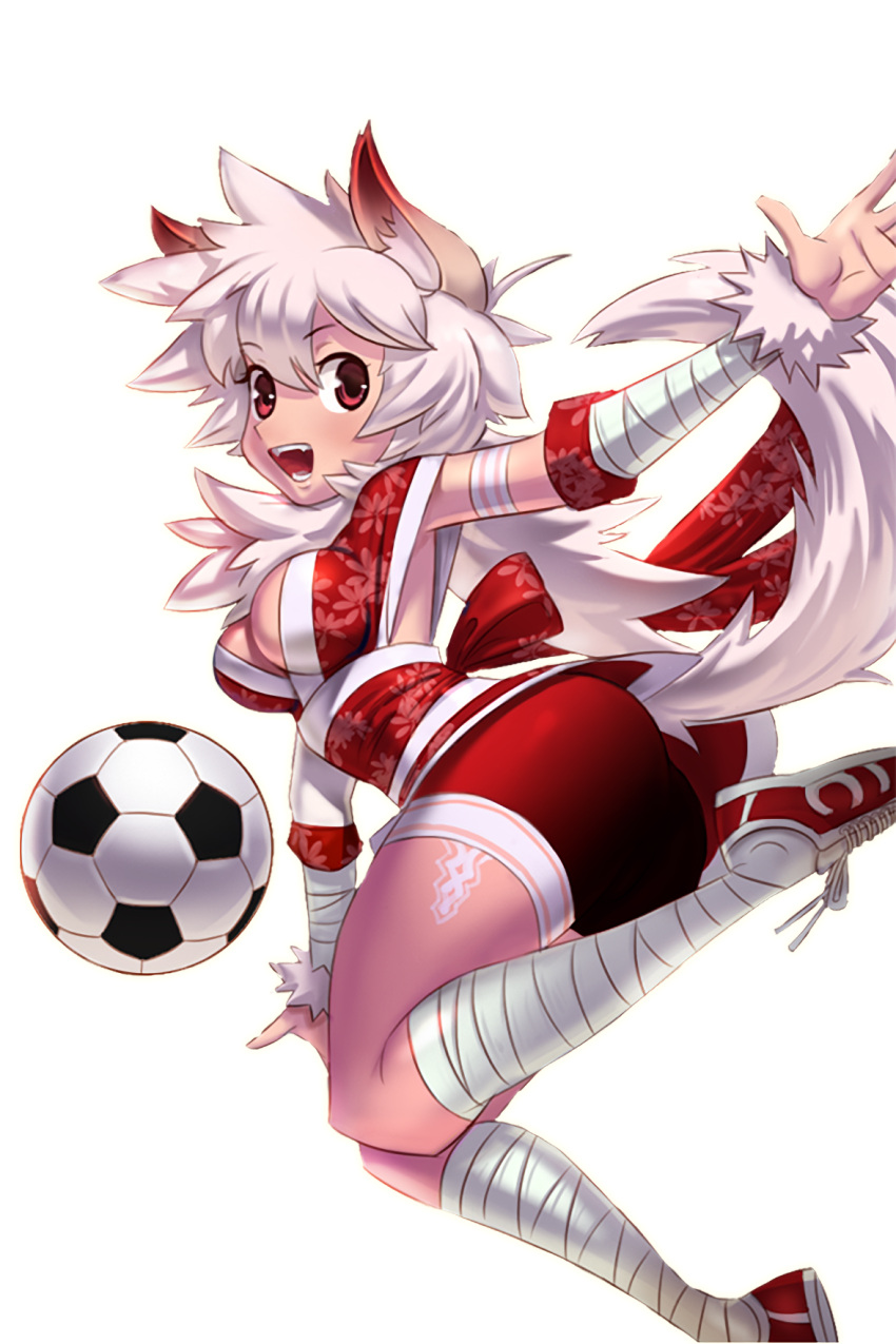 1girl animal_ears armband ball bike_shorts breasts cleavage floral_print full_body highres leg_wraps long_hair looking_back medium_breasts official_art open_mouth red_eyes red_shoes red_shorts ripa_(soccer_spirits) shoes shorts sneakers soccer_ball soccer_spirits solo tail tattoo white_hair