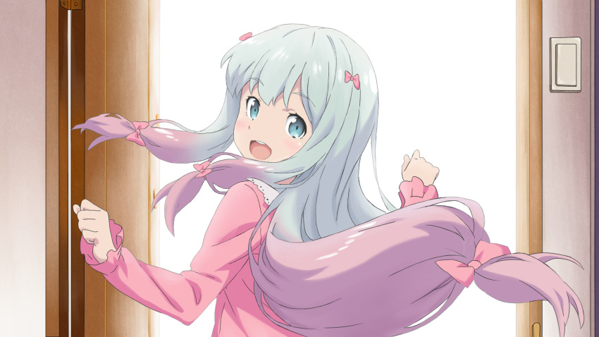 1girl :d blue_eyes blush bow eromanga_sensei eyebrows_visible_through_hair floating_hair fury_(leo) hair_bow highres indoors izumi_sagiri long_hair looking_at_viewer looking_back low-tied_long_hair multicolored_hair open_door open_mouth pink_bow pink_hair pink_shirt shirt silver_hair smile solo two-tone_hair upper_body