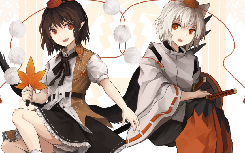 &gt;:d 2girls :d akaiha_(akaihagusk) animal_ears bangs bird_wings black_hair black_ribbon black_skirt black_wings bloomers dress_shirt frilled_skirt frills hat hauchiwa inubashiri_momiji japanese_clothes katana leaf-pattern_stripe long_sleeves looking_at_viewer multiple_girls neck_ribbon open_mouth pointy_ears puffy_short_sleeves puffy_sleeves red_eyes ribbon ribbon-trimmed_sleeves ribbon_trim shameimaru_aya sheath sheathed shield shirt short_hair short_sleeves skirt smile sword tokin_hat touhou underwear upper_body weapon white_hair wide_sleeves wings wolf_ears