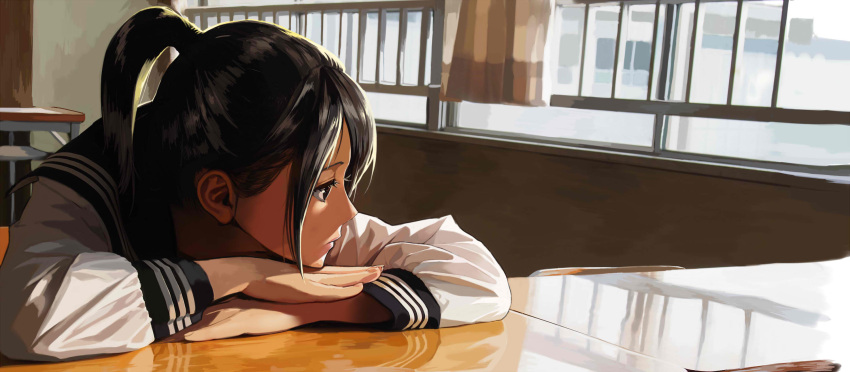 1girl black_eyes black_hair chin_rest classroom commentary_request day high_ponytail highres isaki_uta long_hair looking_to_the_side original school_uniform serafuku solo