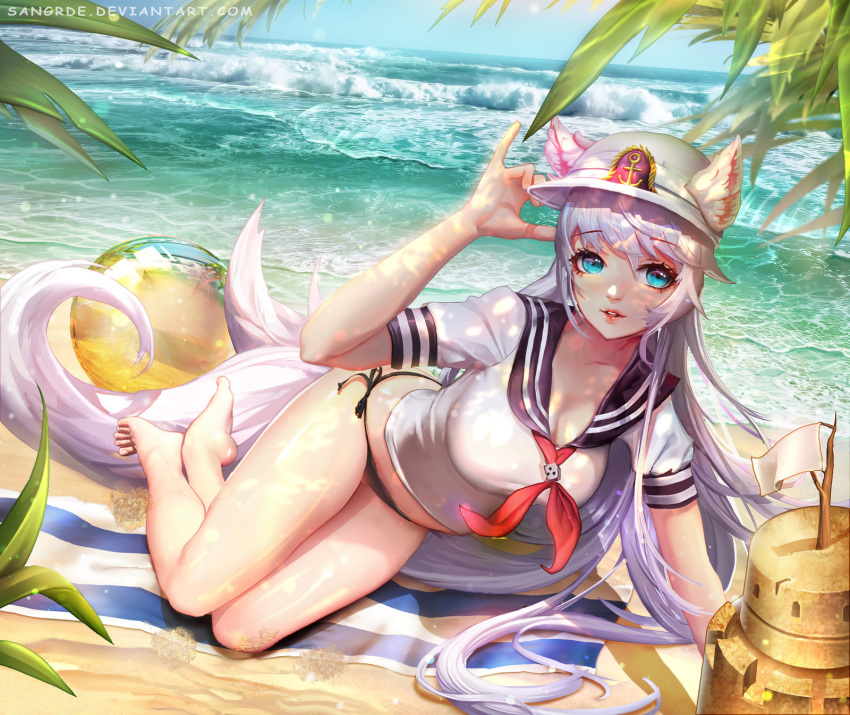 1girl anchor_symbol animal_ears artist_name beach bikini black_bikini_bottom black_sailor_collar blouse blue_eyes breasts cat_ears cleavage comic_sans day deviantart_username feet highres long_hair looking_at_viewer lying medium_breasts multiple_tails neckerchief on_side outdoors red_neckerchief sailor_collar sand sand_castle sand_sculpture sangrde short_sleeves side-tie_bikini solo summer sunlight swimsuit tail towel tree very_long_hair water watermark waves web_address white_blouse white_flower white_hair